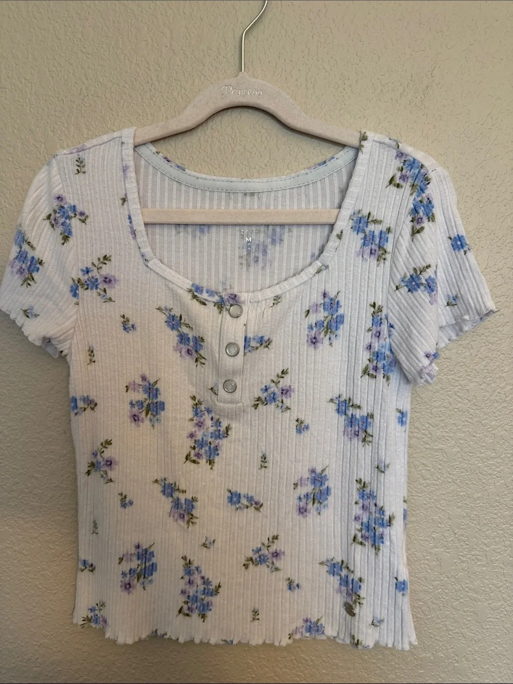 Girl’s Floral Ribbed Henley Top - White with Blue Flower Print